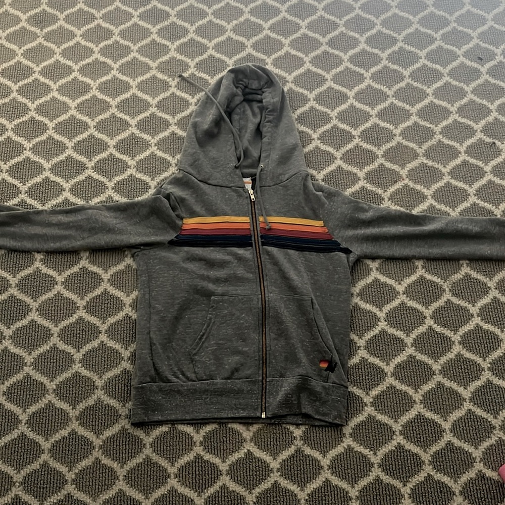 Aviator Nation heather gray zip up hoodie with 5 stripes